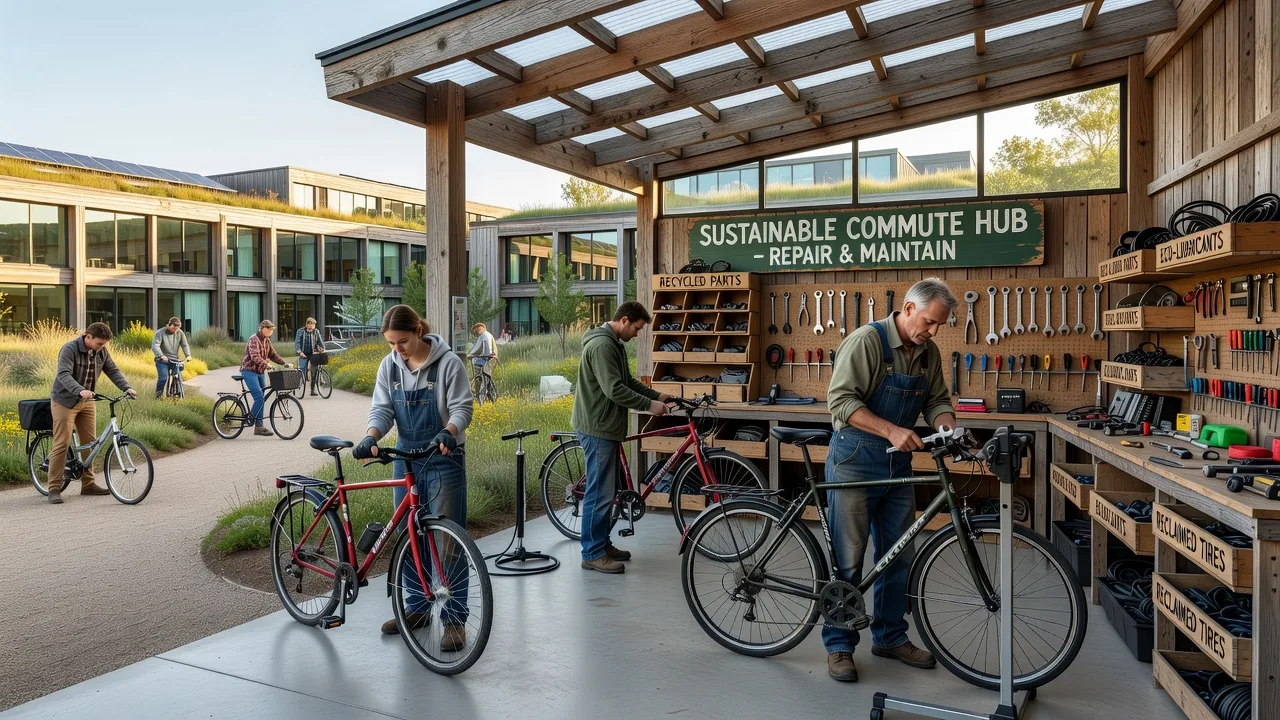 A modern office with a dedicated bike repair station for employees.