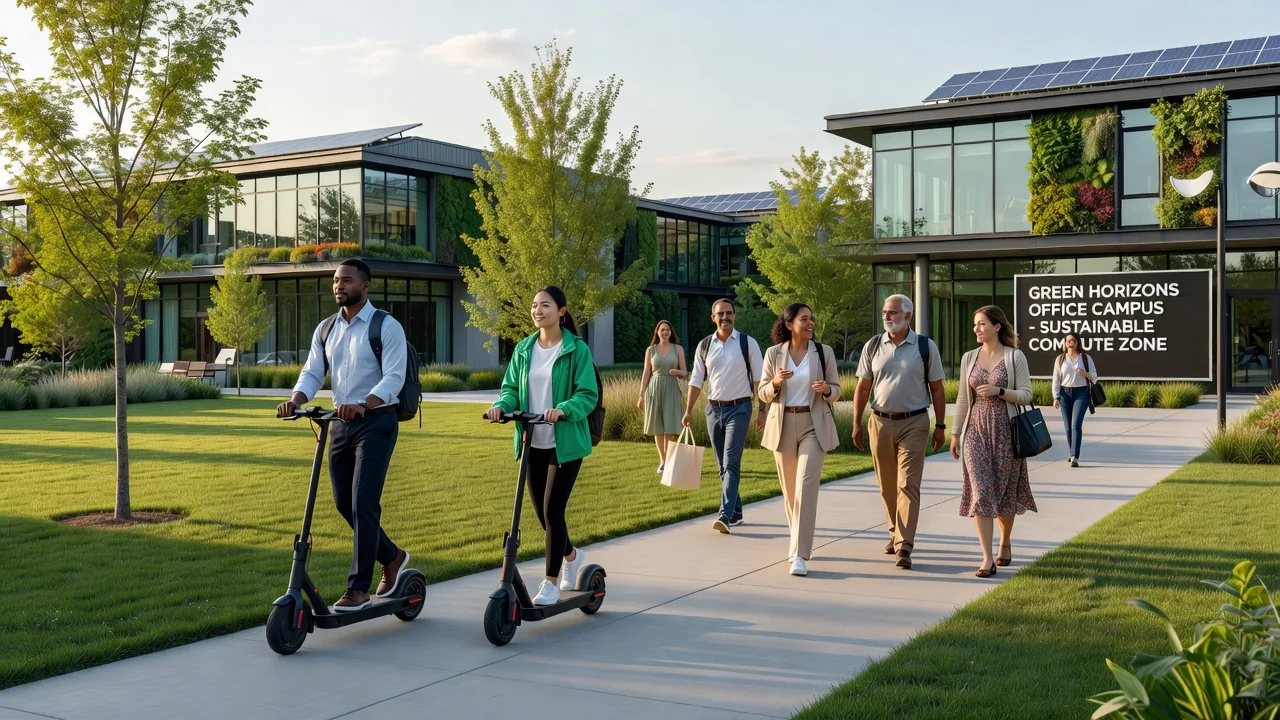 Colleagues walking and talking outside an office building.
