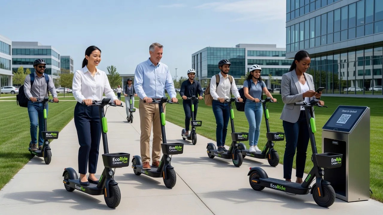 A fleet of electric scooters parked neatly outside an office.