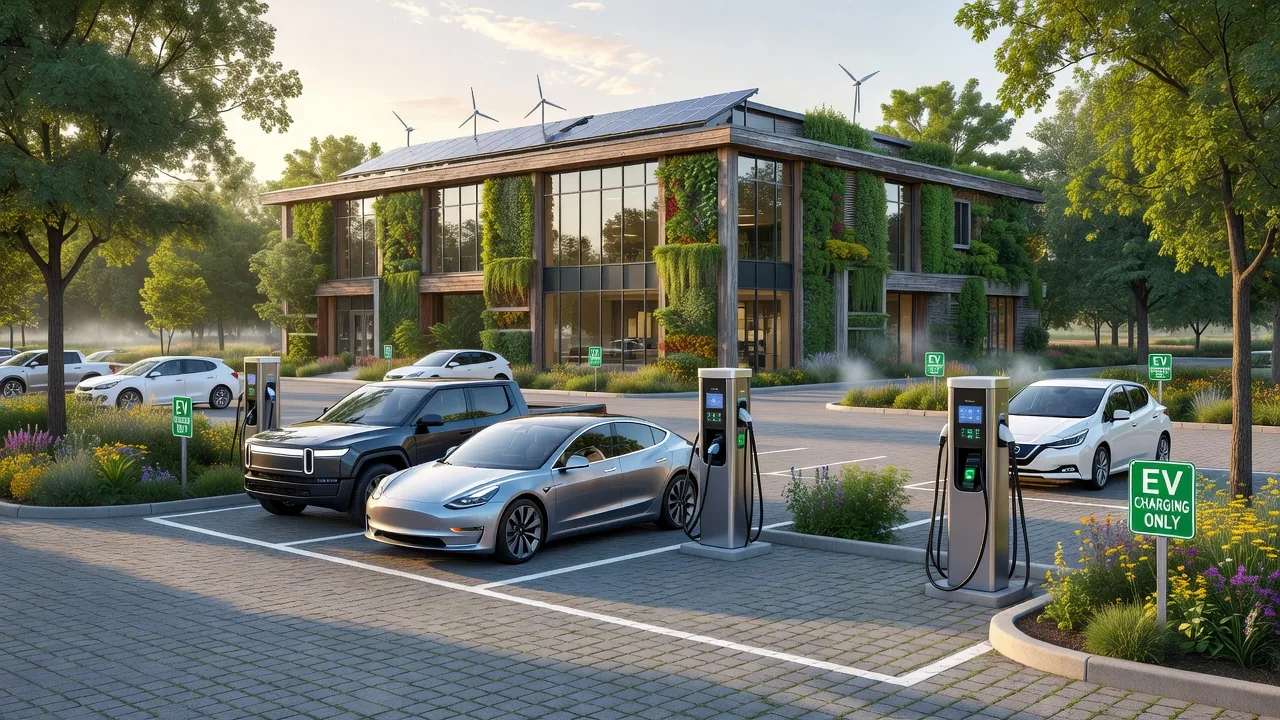 An electric vehicle charging at a workplace charging station.