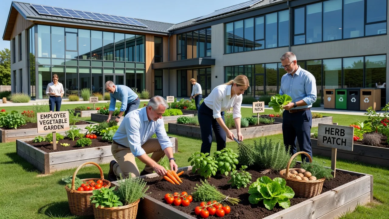 Employees working together in a rooftop vegetable garden.