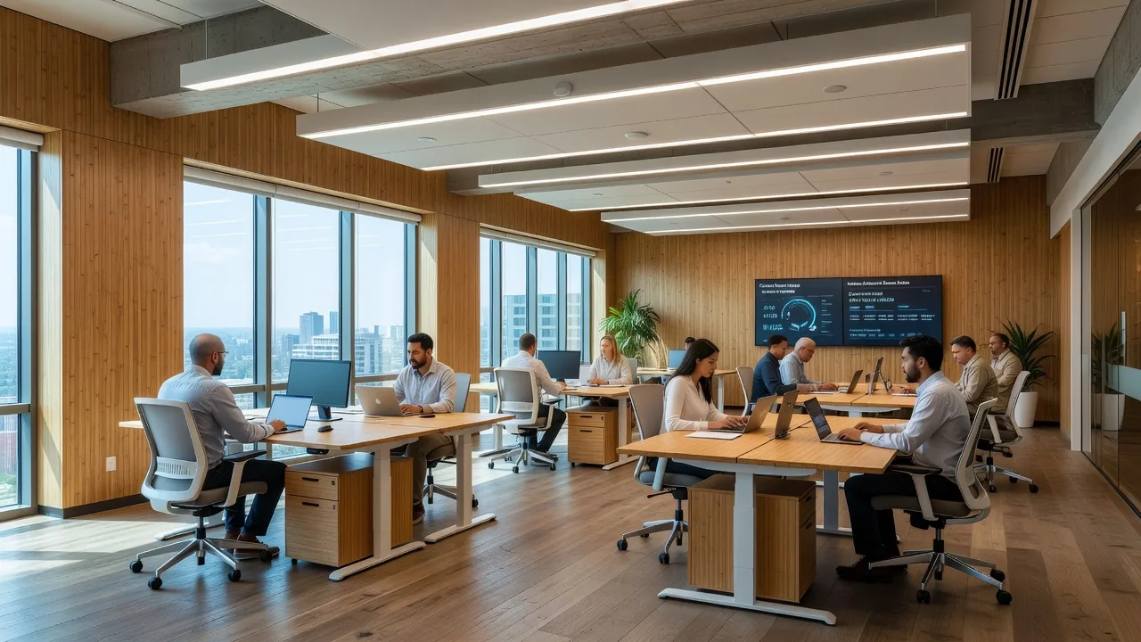 A modern office space illuminated with energy-efficient LED lighting.