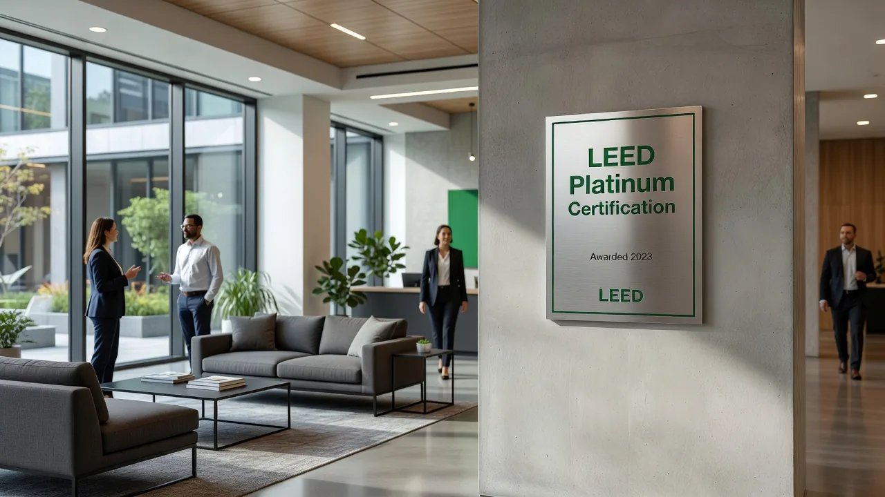 A modern building with a LEED green building certification plaque.