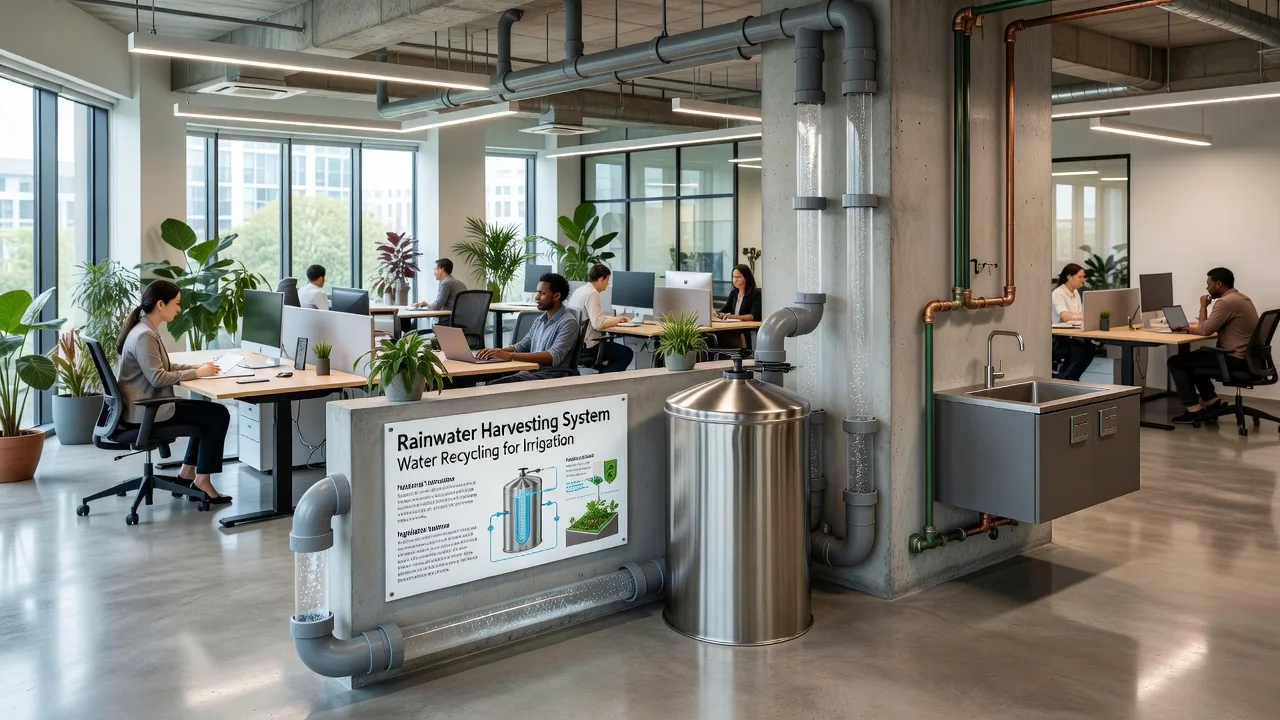 A system for rainwater harvesting on an office building.
