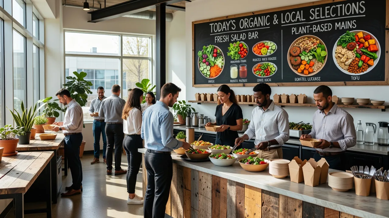 A sustainable office cafeteria with healthy food options.